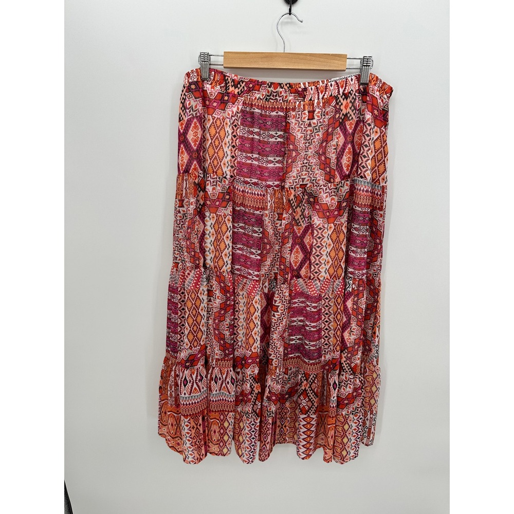 Orange Pink Patchwork‎ Tiered Maxi Skirt Sz XL Boho Festival Western Maximalist